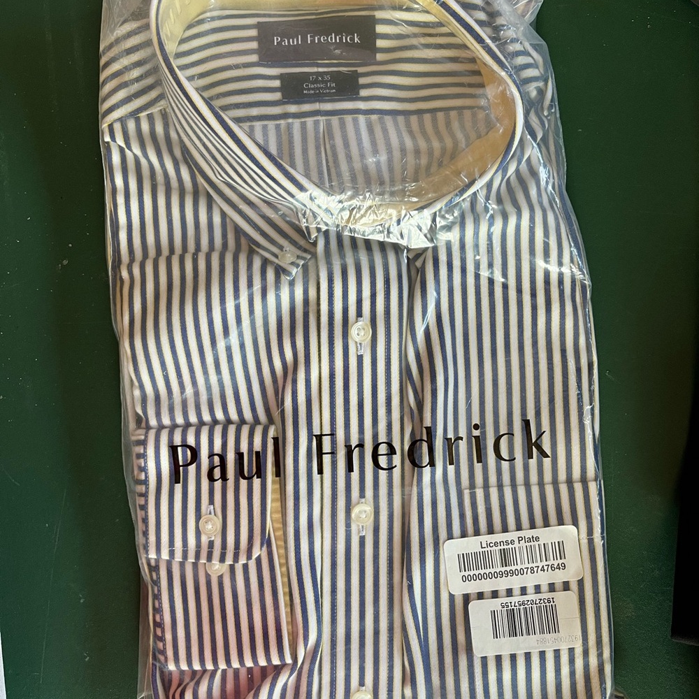 Paul Fredrick Navy and White Striped Non-Iron Two-Ply Dress Shirt